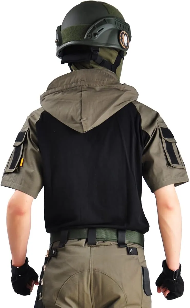 HANWILD Men's Combat Shirts Tactical Short Sleeve Shirt Cargo Military Airsoft T-Shirt with Hood Outdoor