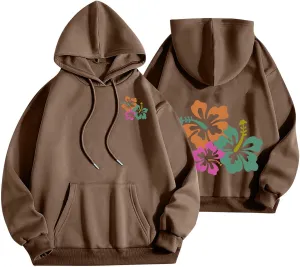 Hibiscus Flower Hoodie for Women Floral Pullover Sweatshirt Casual Oversized Hooded Top Pocket Streetwear Fall Fashion