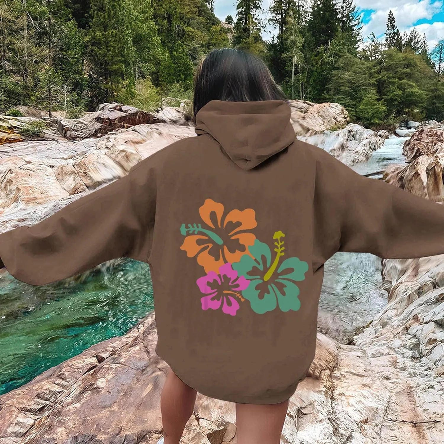 Hibiscus Flower Hoodie for Women Floral Pullover Sweatshirt Casual Oversized Hooded Top Pocket Streetwear Fall Fashion