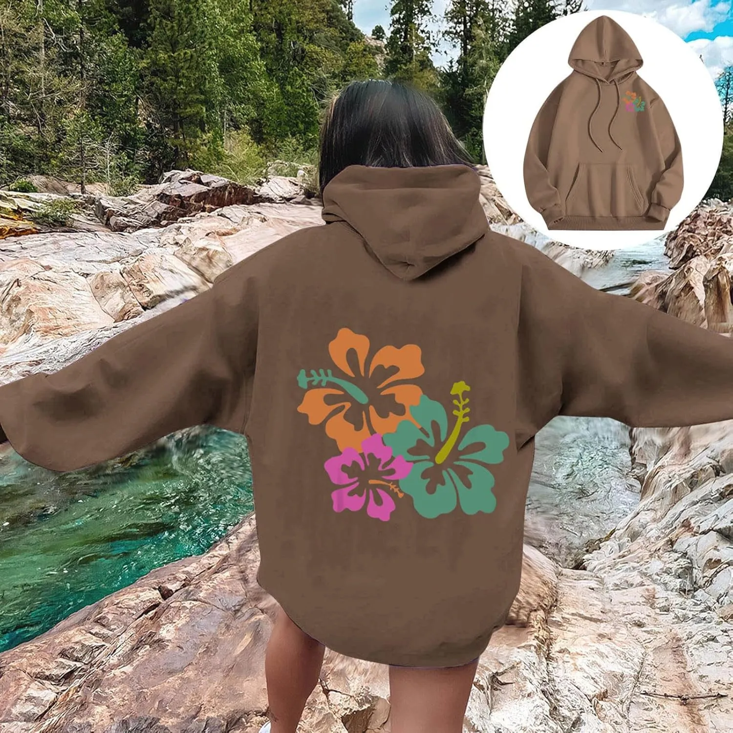 Hibiscus Flower Hoodie for Women Floral Pullover Sweatshirt Casual Oversized Hooded Top Pocket Streetwear Fall Fashion