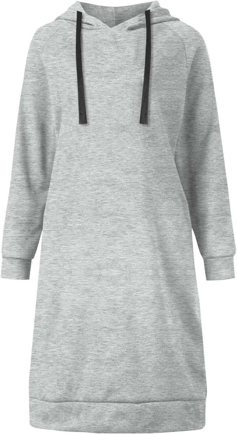 Hoodie Dress for Women Long Sleeve Warmy Oversized Hooded Dress Fleece Solid Color Long Sweatshirt with Pocket
