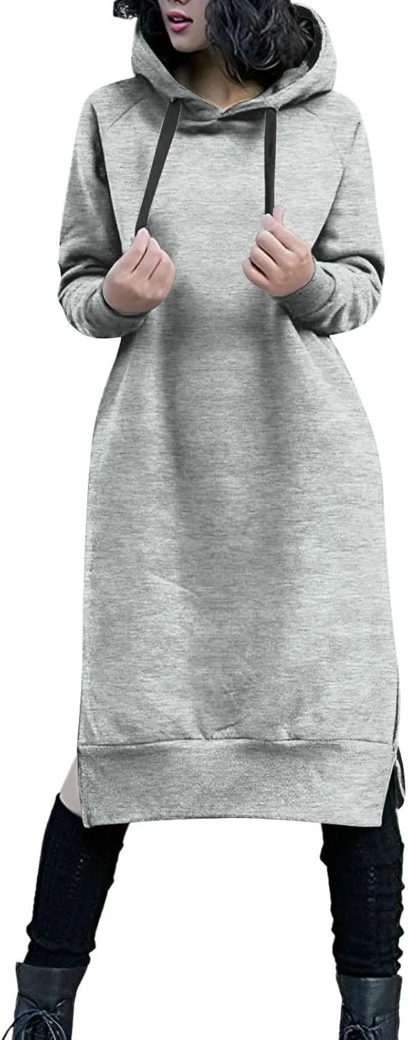 Hoodie Dress for Women Long Sleeve Warmy Oversized Hooded Dress Fleece Solid Color Long Sweatshirt with Pocket