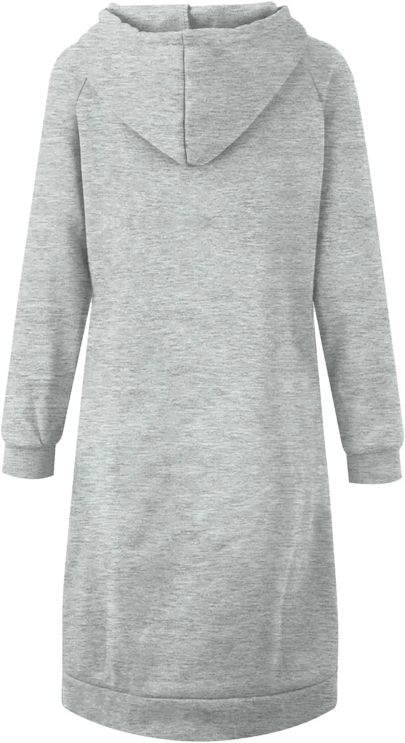 Hoodie Dress for Women Long Sleeve Warmy Oversized Hooded Dress Fleece Solid Color Long Sweatshirt with Pocket