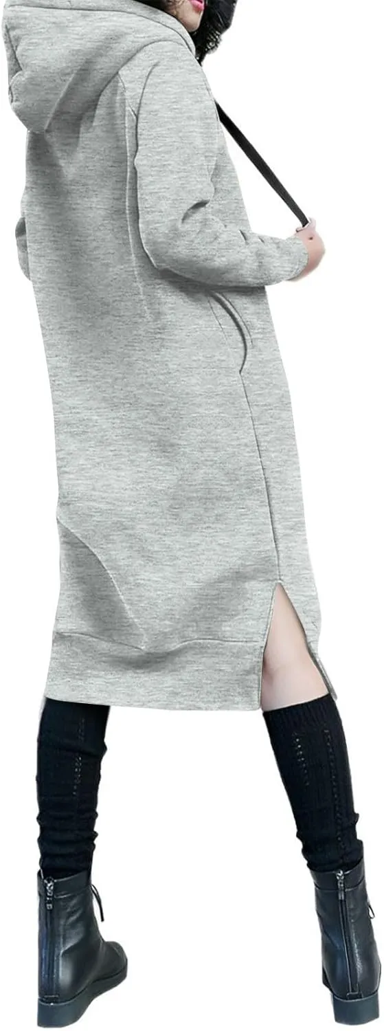 Hoodie Dress for Women Long Sleeve Warmy Oversized Hooded Dress Fleece Solid Color Long Sweatshirt with Pocket