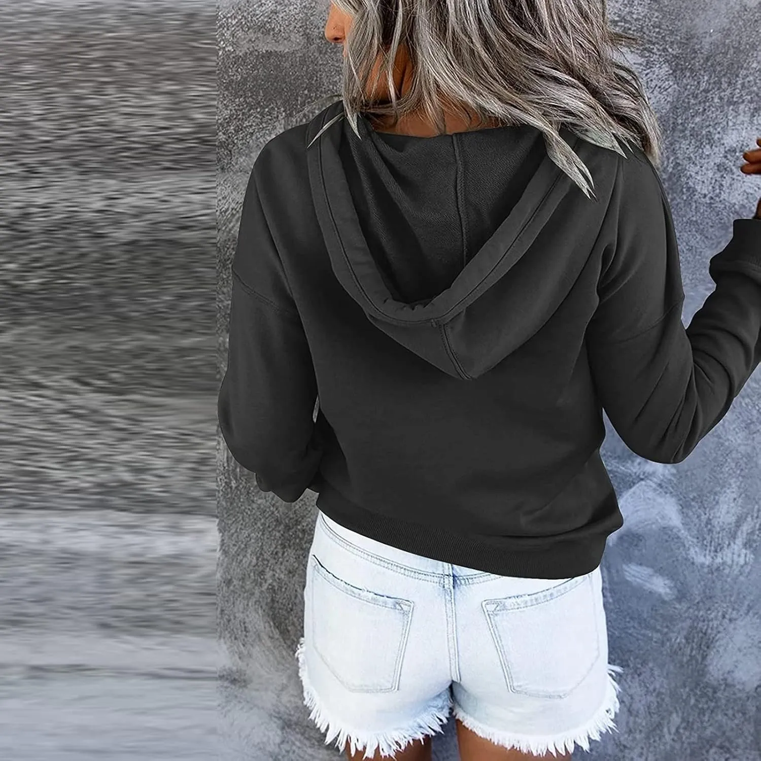 Hoodies for Women Button Collar Drawstring Lightweight Hooded Sweatshirt Casual Long Sleeve Pullover Tops Trendy Fall Clothes