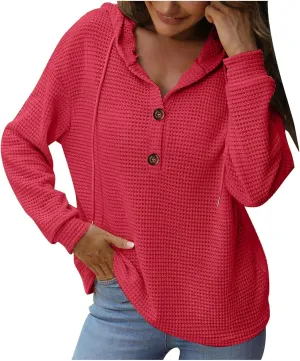Hoodies for Women Waffle Knit Tops Drawstring Hoodie Casual Button V Neck Long Sleeve Hooded Pullover Sweatshirt
