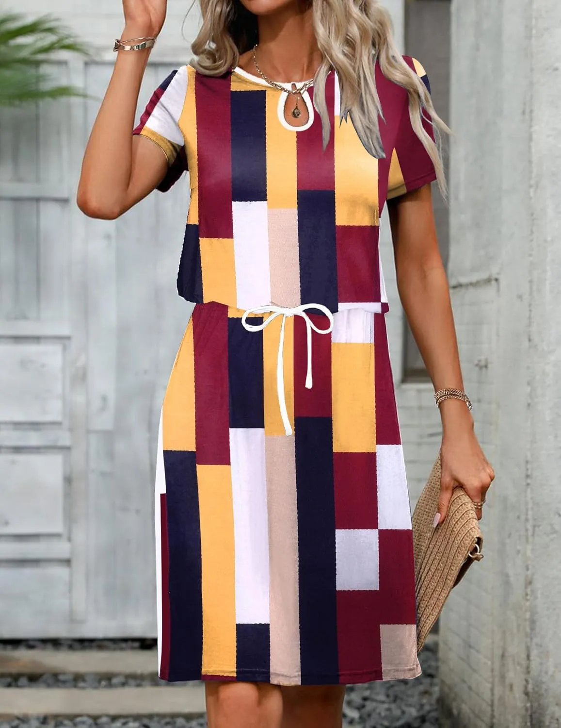 HOTOUCH Dresses for Women 2025 Summer Casual Beach Sundress Short Sleeve Shift Dress O Neck T-Shirt Dress with Pockets