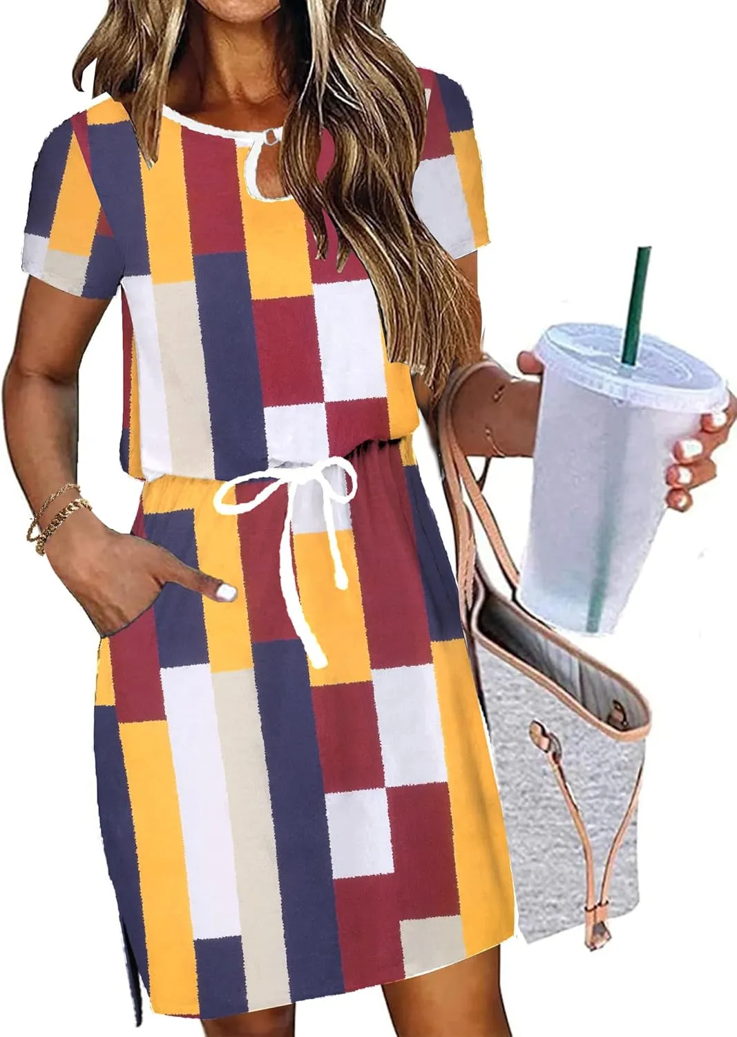 HOTOUCH Dresses for Women 2025 Summer Casual Beach Sundress Short Sleeve Shift Dress O Neck T-Shirt Dress with Pockets