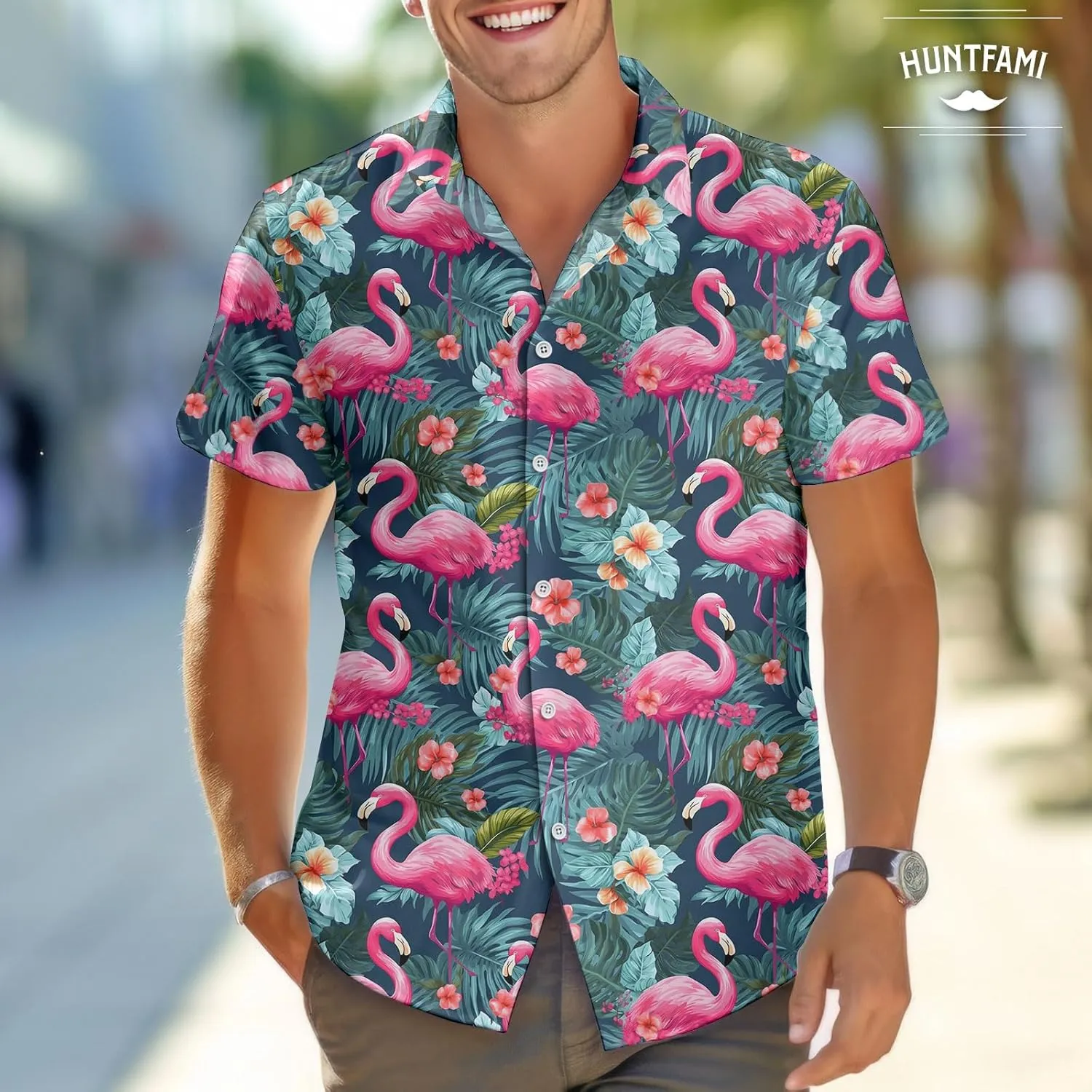 HUNTFAMI Men's Hawaiian Beach Shirt with Flamingo Shirt Men Print - Short Sleeve Linen Button Down