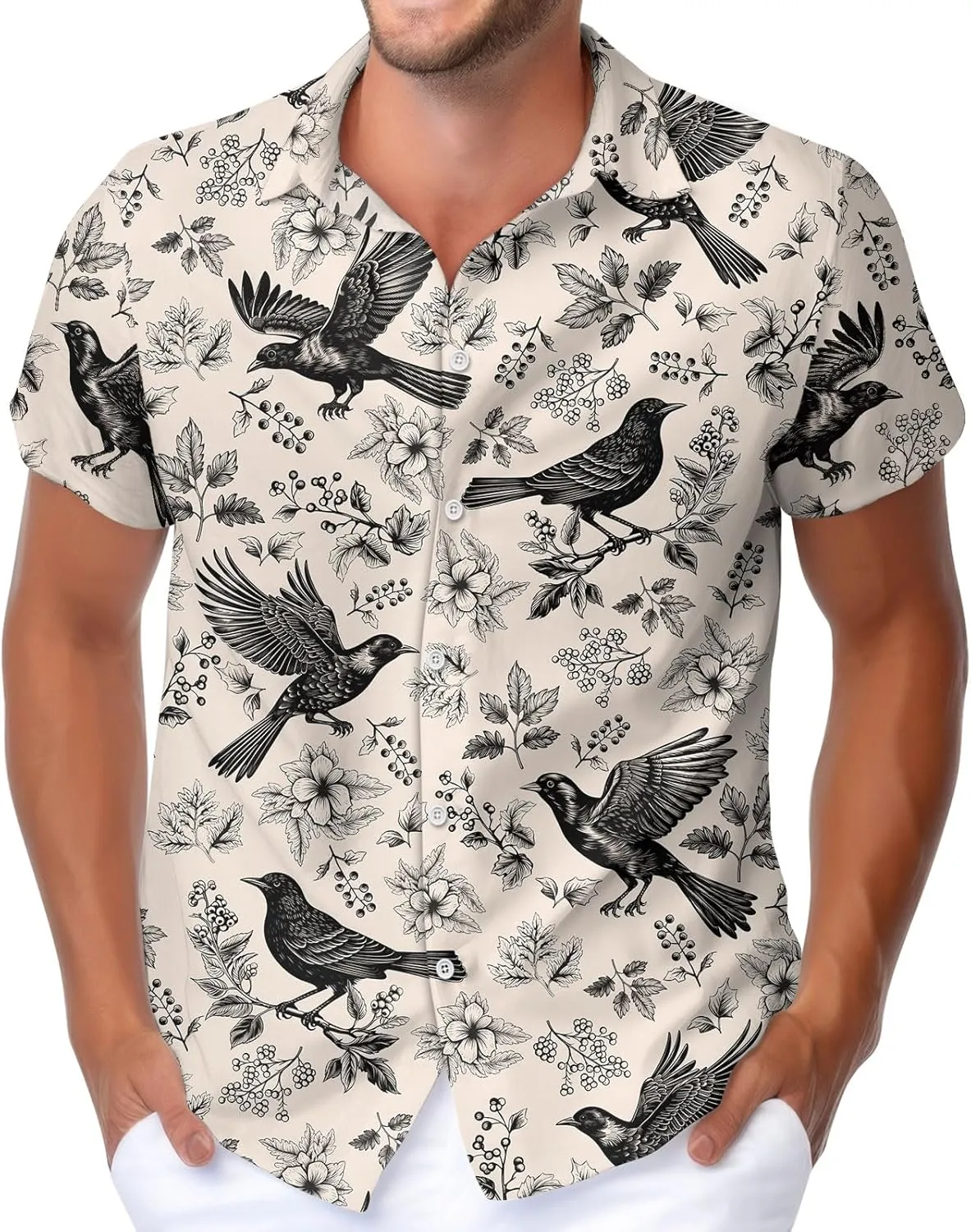 HUNTFAMI Men's Hawaiian Beach Shirt with Flamingo Shirt Men Print - Short Sleeve Linen Button Down