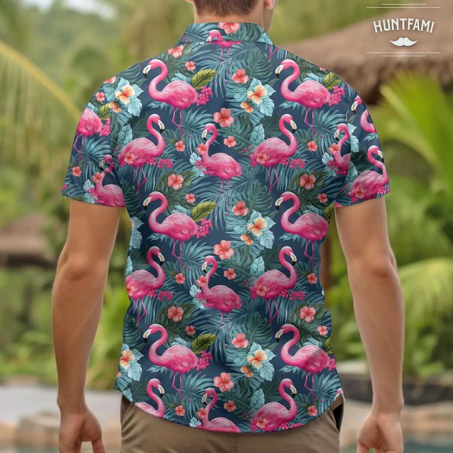 HUNTFAMI Men's Hawaiian Beach Shirt with Flamingo Shirt Men Print - Short Sleeve Linen Button Down