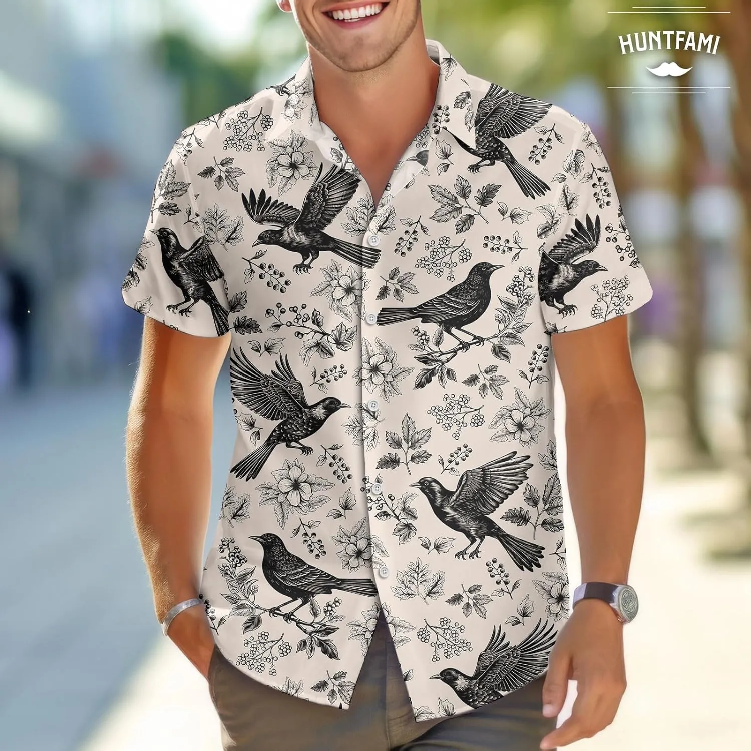 HUNTFAMI Men's Hawaiian Beach Shirt with Flamingo Shirt Men Print - Short Sleeve Linen Button Down