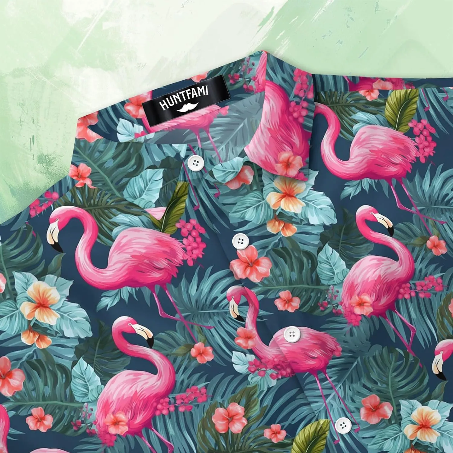 HUNTFAMI Men's Hawaiian Beach Shirt with Flamingo Shirt Men Print - Short Sleeve Linen Button Down