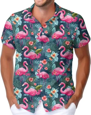 HUNTFAMI Men's Hawaiian Beach Shirt with Flamingo Shirt Men Print - Short Sleeve Linen Button Down