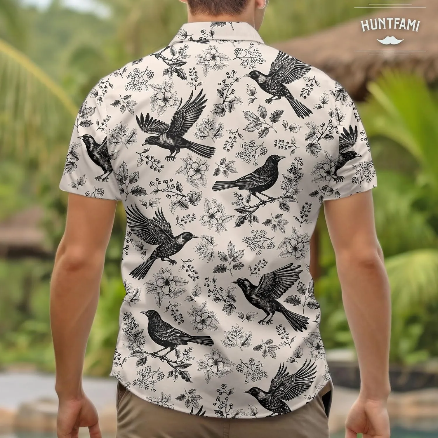 HUNTFAMI Men's Hawaiian Beach Shirt with Flamingo Shirt Men Print - Short Sleeve Linen Button Down