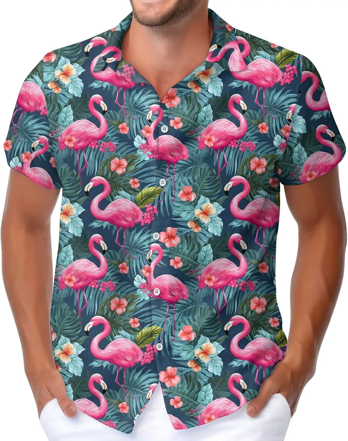 HUNTFAMI Men's Hawaiian Beach Shirt with Flamingo Shirt Men Print - Short Sleeve Linen Button Down