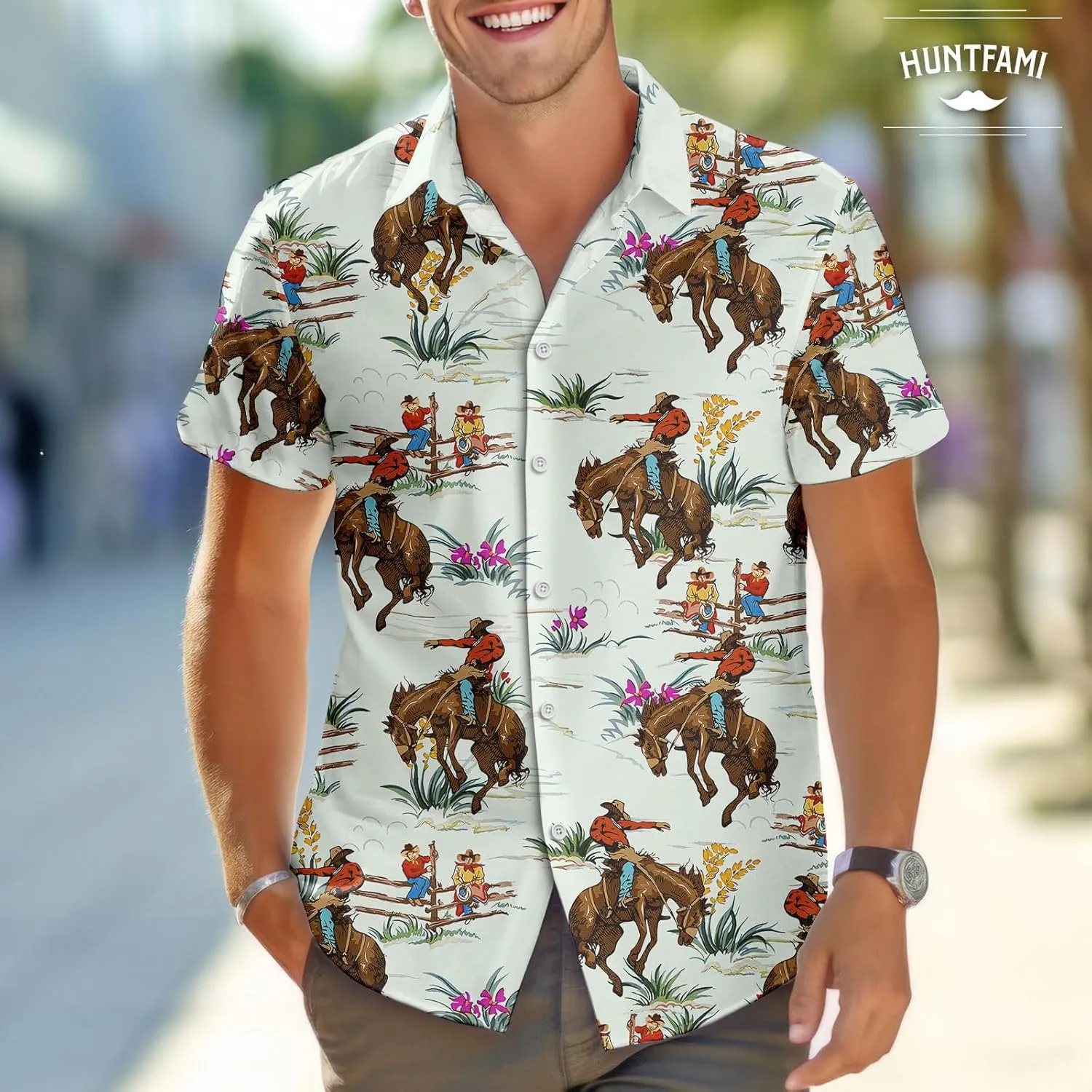 HUNTFAMI Men's Hawaiian Beach Shirt with Flamingo Shirt Men Print - Short Sleeve Linen Button Down