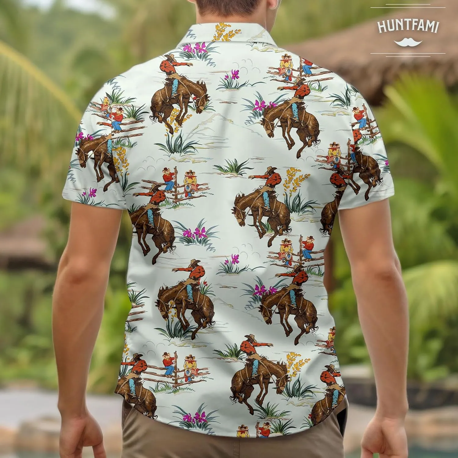 HUNTFAMI Men's Hawaiian Beach Shirt with Flamingo Shirt Men Print - Short Sleeve Linen Button Down