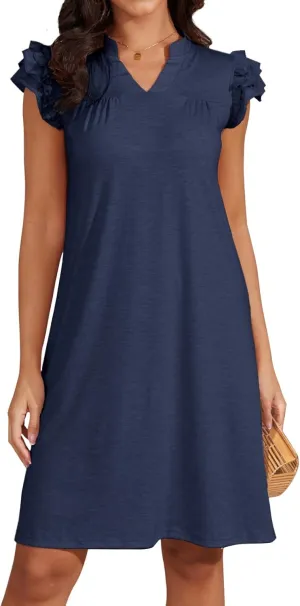 Jayscreate Women's 2025 Ruffle Sleeve A-line Dress T Shirt Flowy Swing Short Sleeve Summer Casual Beach Dress Sundress