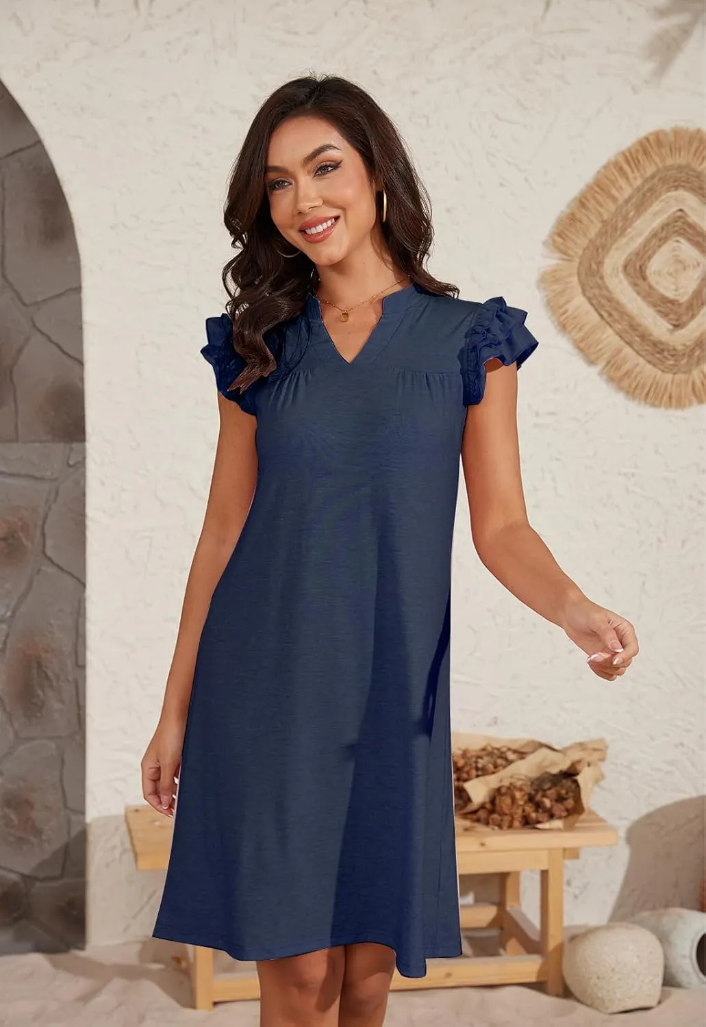Jayscreate Women's 2025 Ruffle Sleeve A-line Dress T Shirt Flowy Swing Short Sleeve Summer Casual Beach Dress Sundress