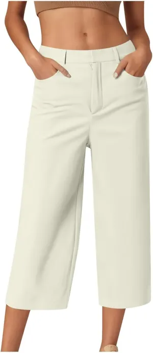 JIEMUXIU Capri Pants for Women Summer 2025 Casual Stretch Pants Loose Comfy Trendy Elastic Waist Cropped Trouser Beach Pants