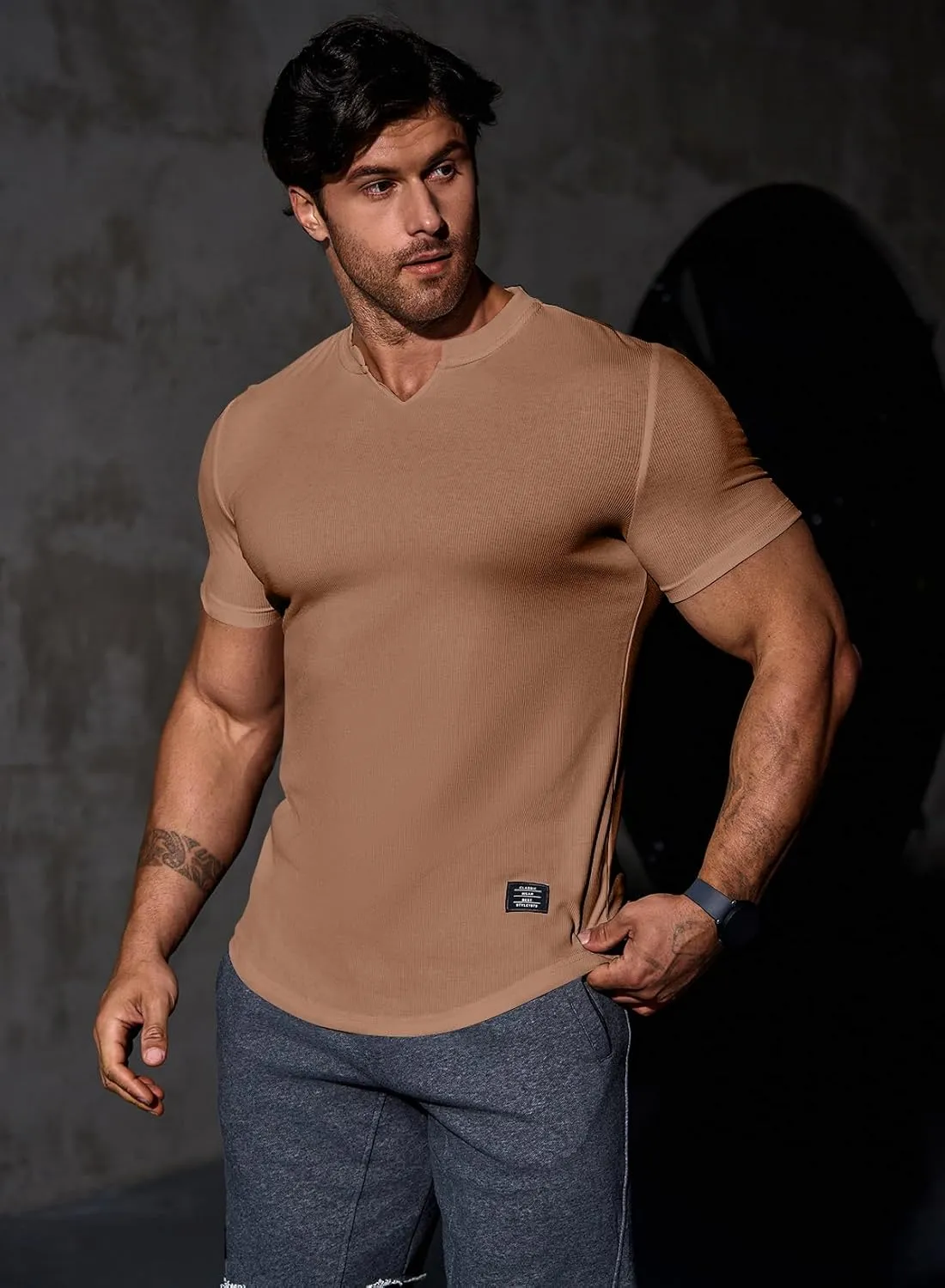 JMIERR Mens Muscle Slim T Shirt V-Neck Longline Henley Shirt Gym Workout Athletic Tee Shirts