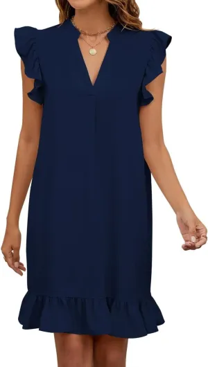 JOCAFIYE Summer Dresses for Women 2025 Cute Ruffle Cap Sleeve V-Neck Flowy Swing Mini Dress Sundress