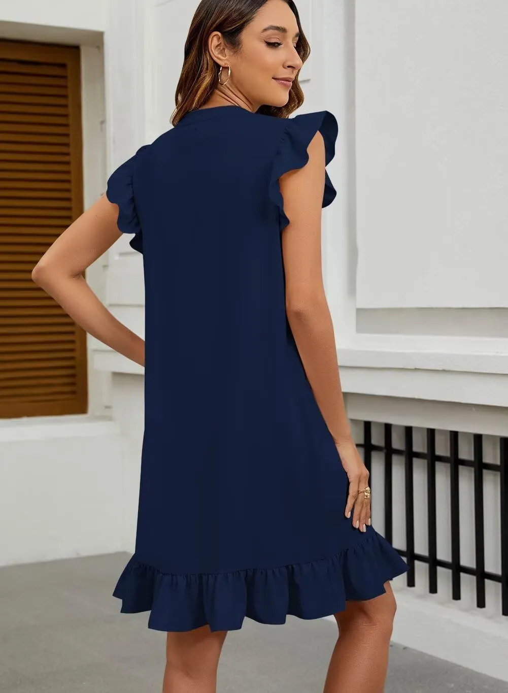 JOCAFIYE Summer Dresses for Women 2025 Cute Ruffle Cap Sleeve V-Neck Flowy Swing Mini Dress Sundress