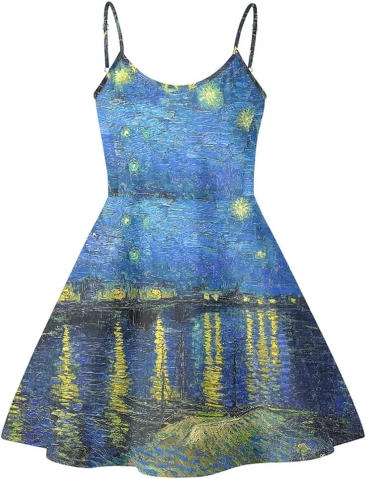 JooMeryer Women's Starry Night Oil Painting Printed Spaghetti Straps V-Neck A-Line Swing Dress