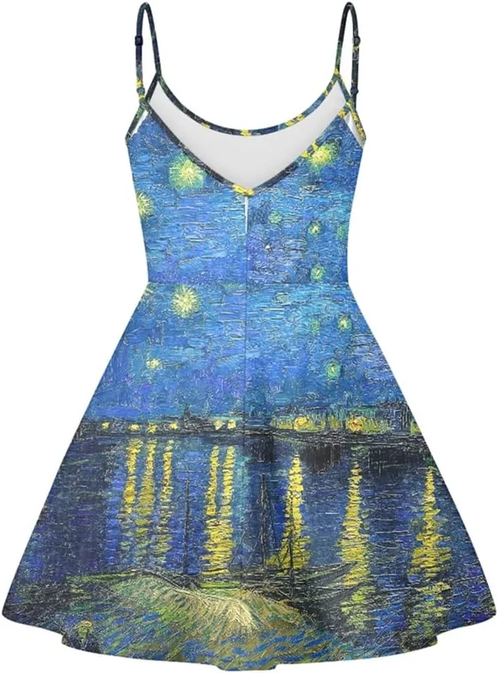 JooMeryer Women's Starry Night Oil Painting Printed Spaghetti Straps V-Neck A-Line Swing Dress