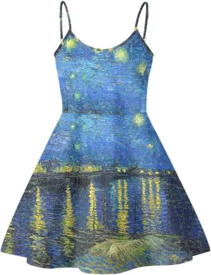 JooMeryer Women's Starry Night Oil Painting Printed Spaghetti Straps V-Neck A-Line Swing Dress