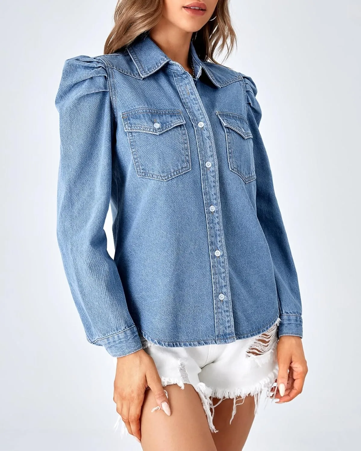 Kedera Women Denim Shirt Summer Casual Button Down Jean Shirts Work Blouses Tops