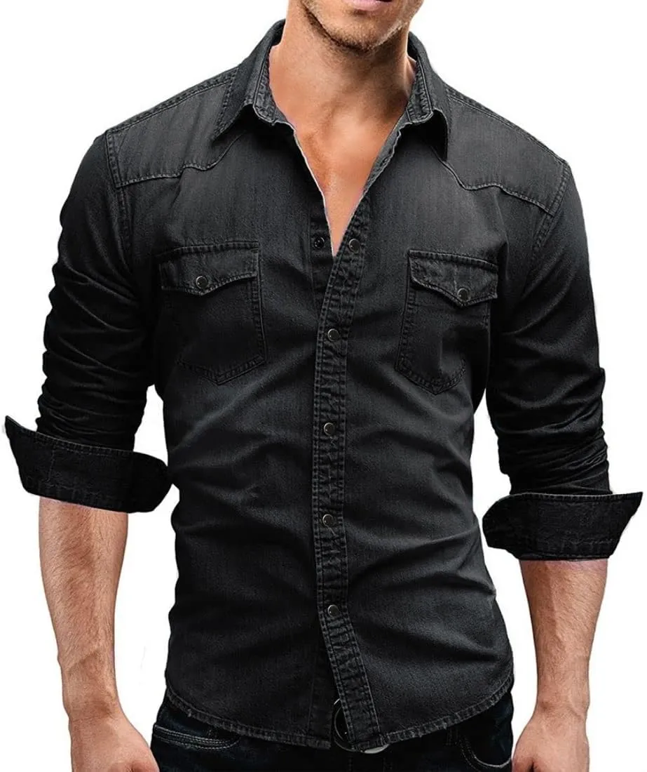 Kinkia Men's Long Sleeve Denim Shirt Casual Snap Button Down Slim Fit Ripped Shirt Jacket