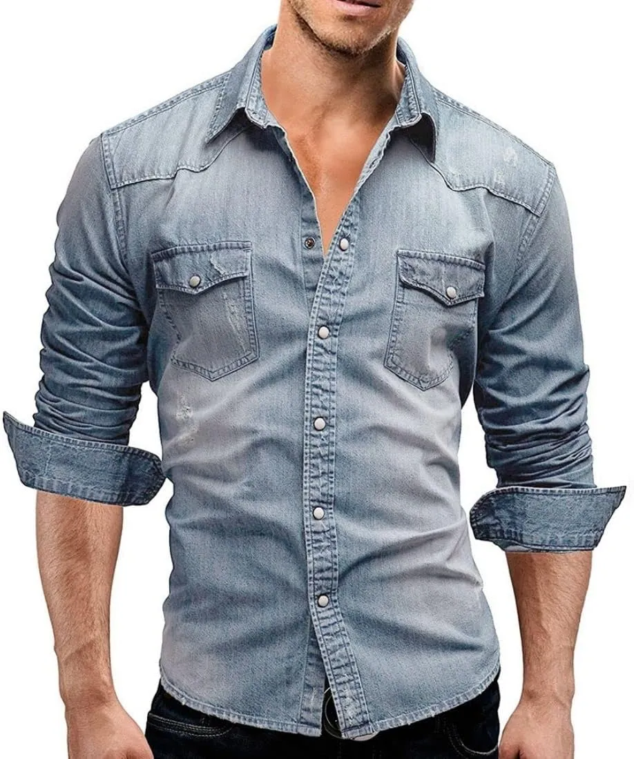 Kinkia Men's Long Sleeve Denim Shirt Casual Snap Button Down Slim Fit Ripped Shirt Jacket