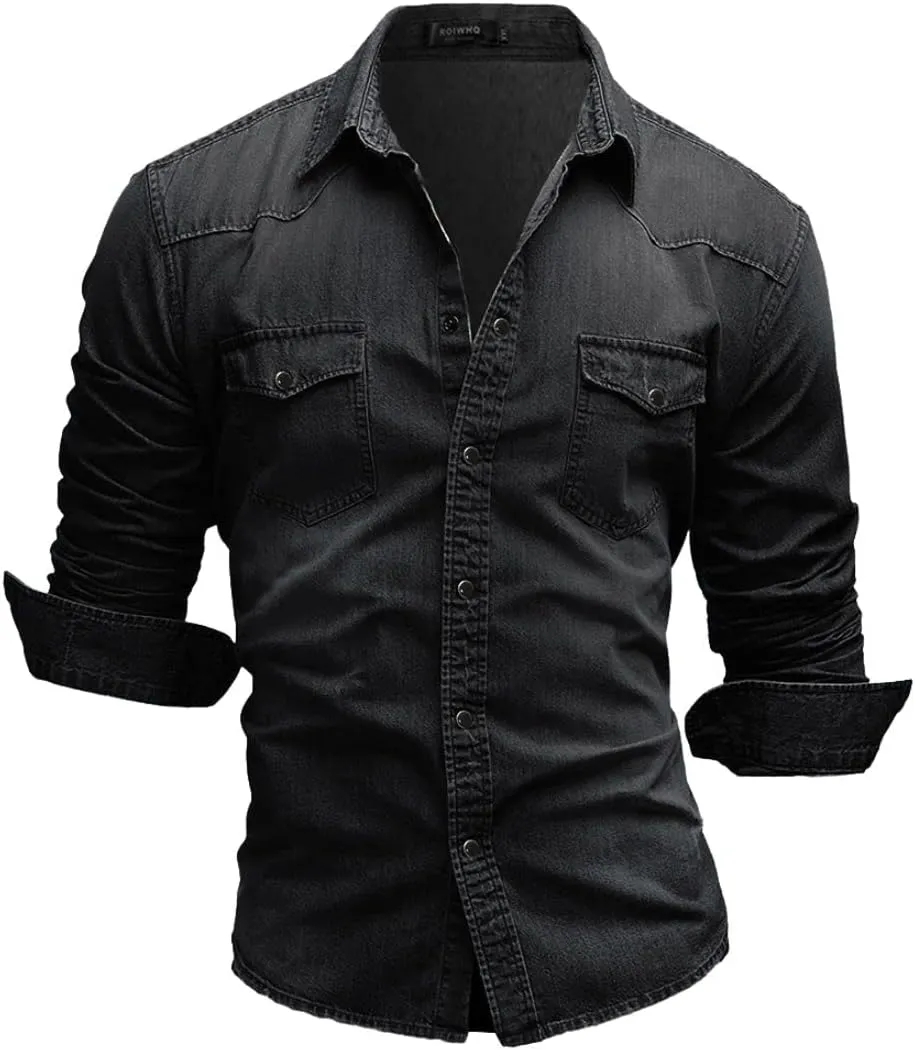 Kinkia Men's Long Sleeve Denim Shirt Casual Snap Button Down Slim Fit Ripped Shirt Jacket