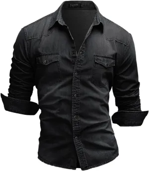 Kinkia Men's Long Sleeve Denim Shirt Casual Snap Button Down Slim Fit Ripped Shirt Jacket
