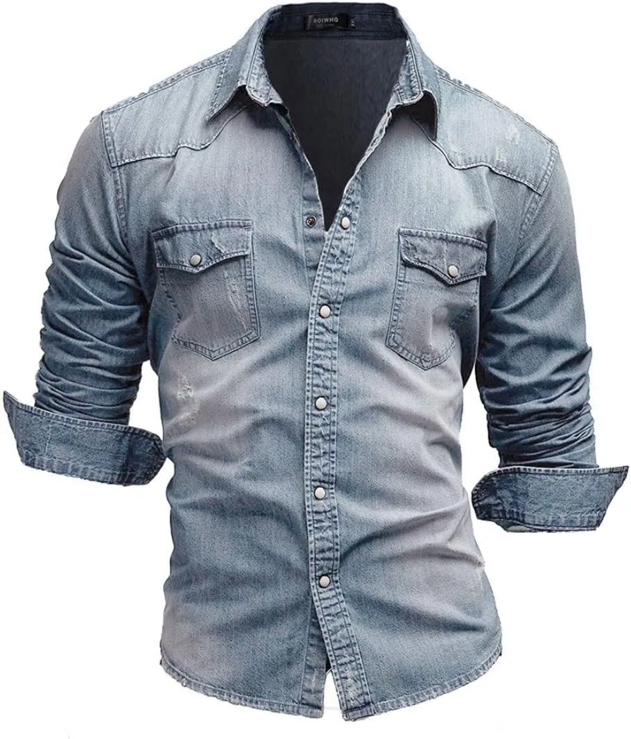 Kinkia Men's Long Sleeve Denim Shirt Casual Snap Button Down Slim Fit Ripped Shirt Jacket