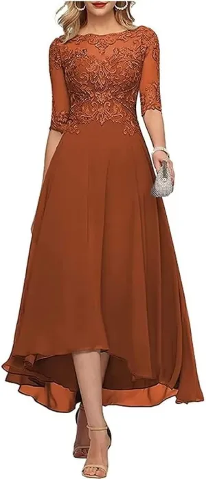 Lace Appliques Mother of The Bride Dresses Tea Length 3/4 Sleeves Chiffon Formal Evening Gown for Wedding Guest