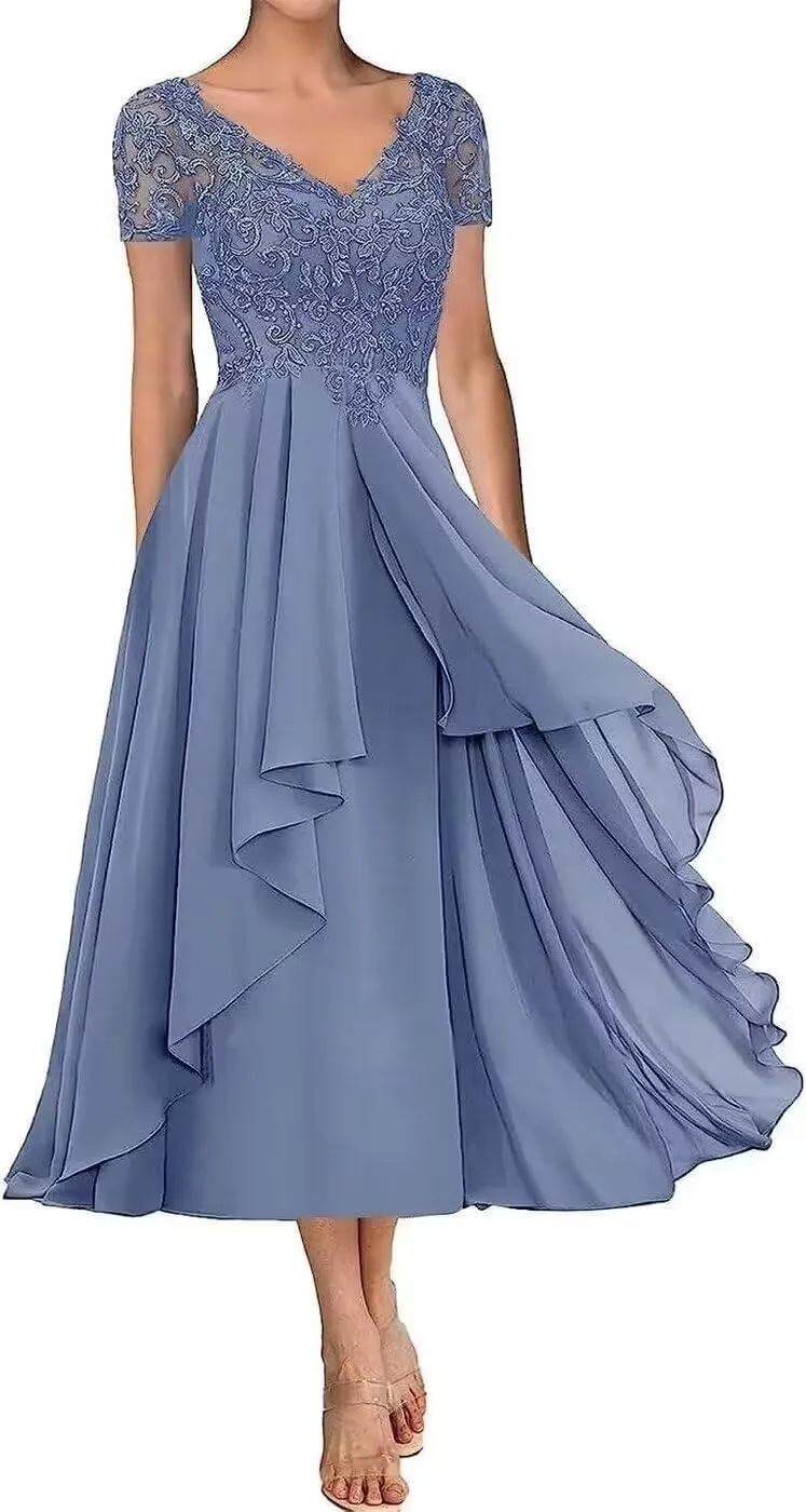 Lace Appliques Mother of The Bride Dresses Tea Length Chiffon Formal Evening Party Gowns with Sleeves Ruffle
