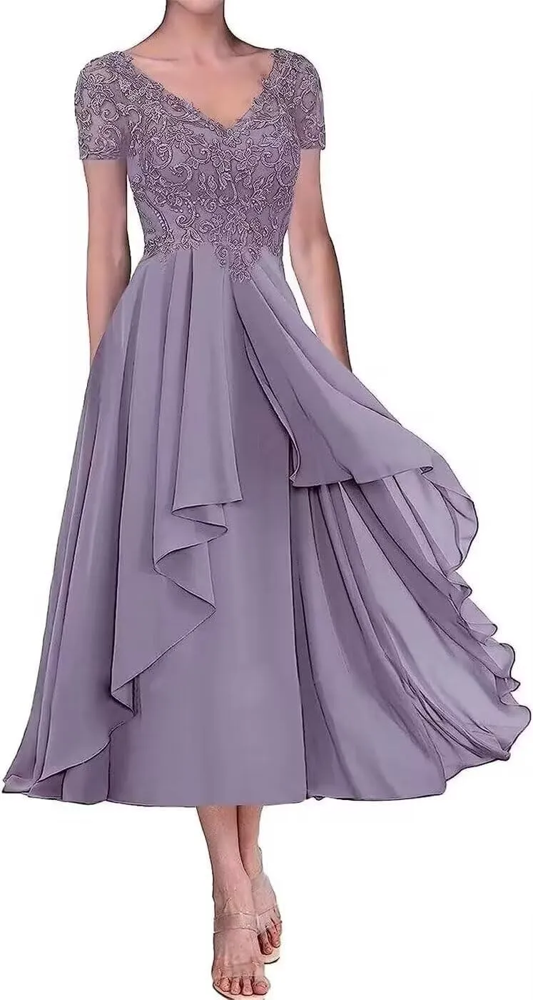 Lace Appliques Mother of The Bride Dresses Tea Length Chiffon Formal Evening Party Gowns with Sleeves Ruffle