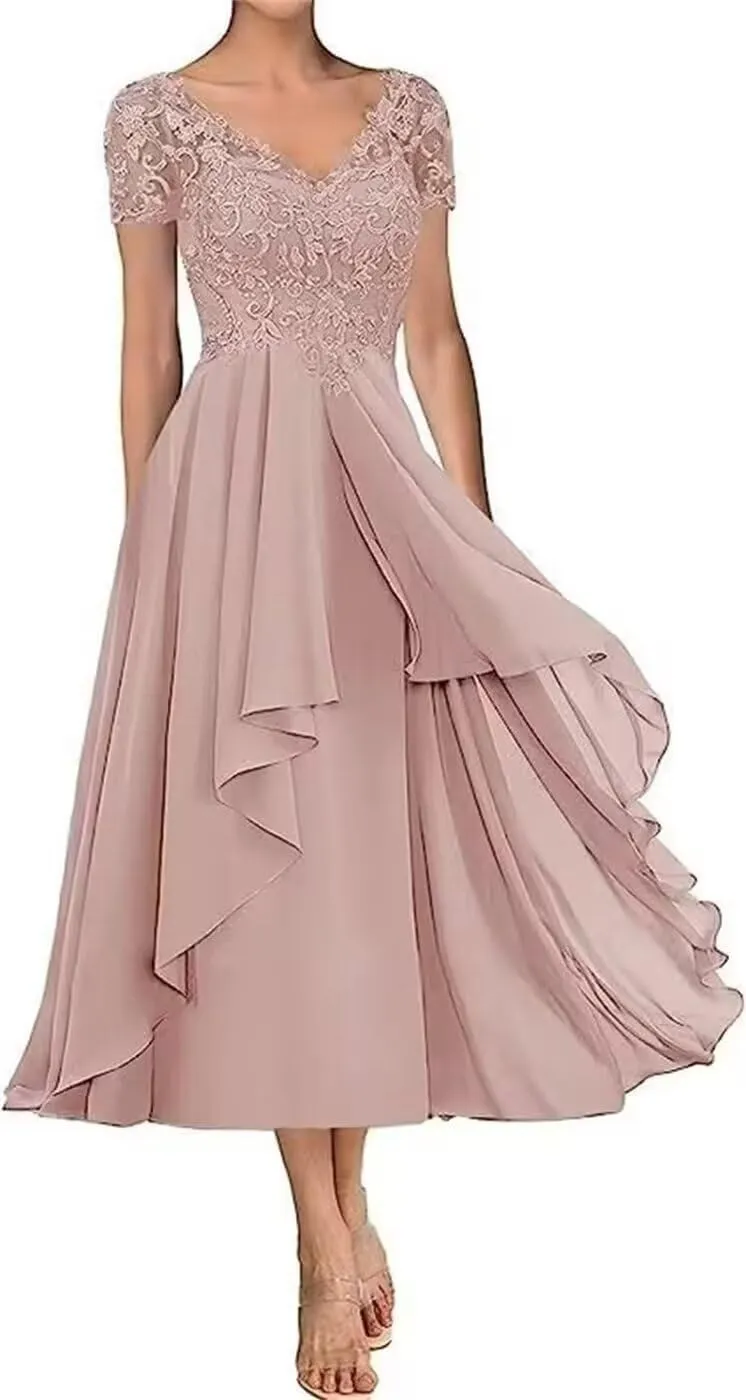 Lace Appliques Mother of The Bride Dresses Tea Length Chiffon Formal Evening Party Gowns with Sleeves Ruffle