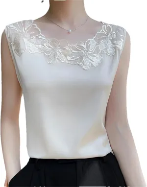 Lace O-Neck Silk Camisole Women Satin Bottoming Shirt Summer Vest Sleeveless Top Basic Tank Shirt