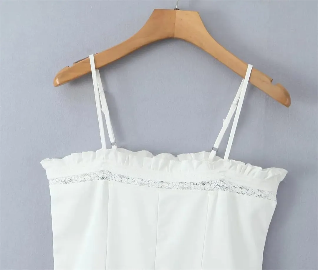 Lace Patchwork Mini Dress for Women Spaghetti Straps Cotton A-Line Slim Dresses Summer