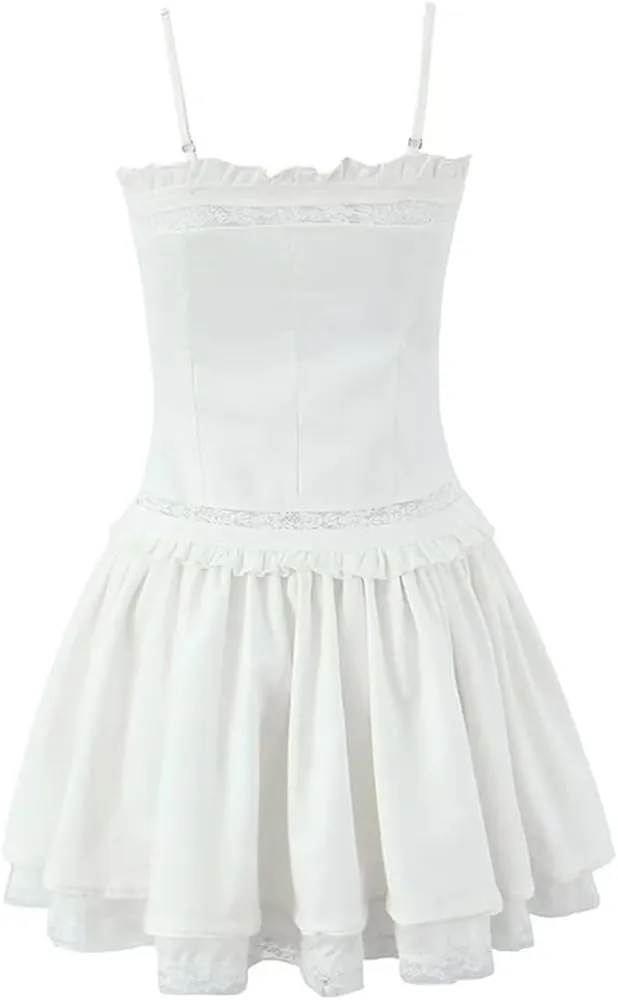 Lace Patchwork Mini Dress for Women Spaghetti Straps Cotton A-Line Slim Dresses Summer