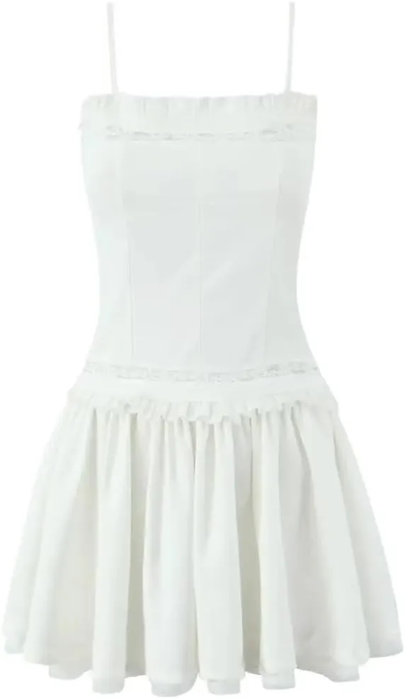 Lace Patchwork Mini Dress for Women Spaghetti Straps Cotton A-Line Slim Dresses Summer