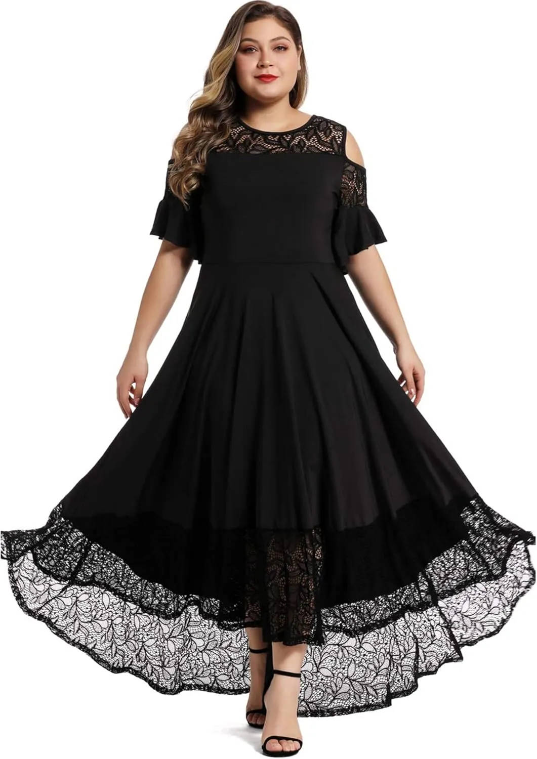 LALAGEN Womens Plus Size Lace Cold Shoulder Casual Long Plain Evening Party Maxi Dress L-5X