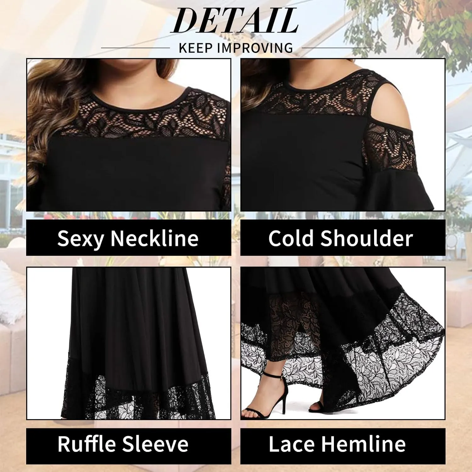 LALAGEN Womens Plus Size Lace Cold Shoulder Casual Long Plain Evening Party Maxi Dress L-5X