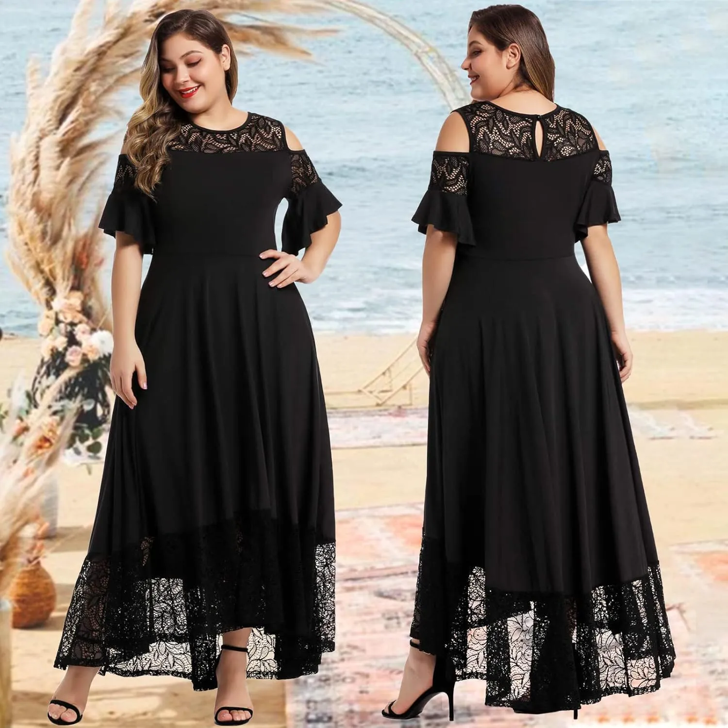 LALAGEN Womens Plus Size Lace Cold Shoulder Casual Long Plain Evening Party Maxi Dress L-5X