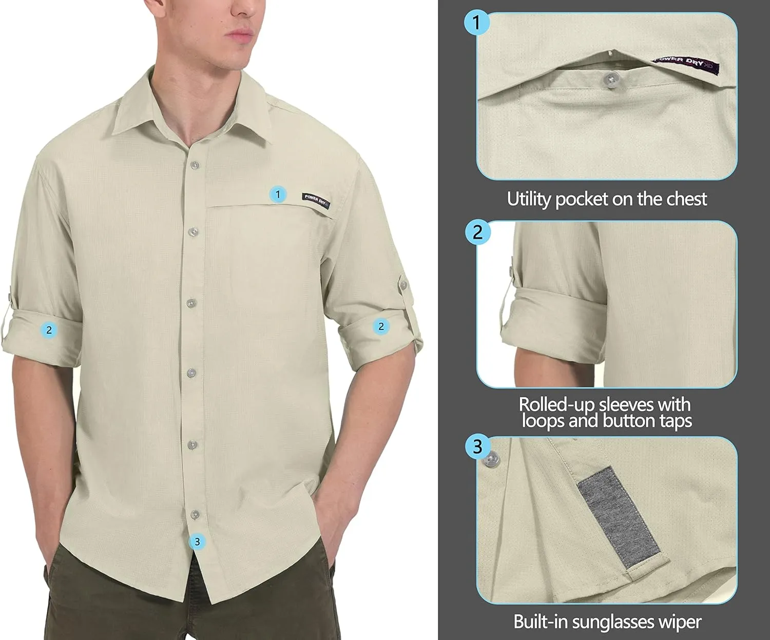 Little Donkey Andy Men's UPF 50  UV Protection Shirt, Breathable Long Sleeve Fishing Hiking Shirt, Air-Holes Tech