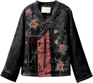 LIXINGHEITANG National style jacquard Winter coat for women embroidery V collar buckle thin cotton warm padded jackets
